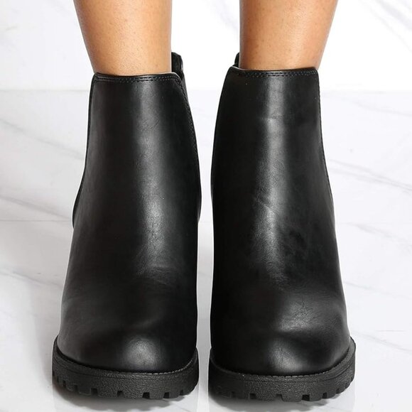 NEW🔥 Round Toe Chelsea Ankle Boots Booties Chunky Block Heel Lug Sole Platform - Picture 3 of 4